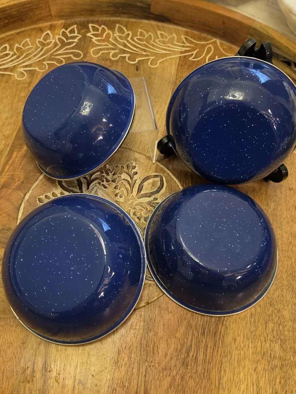 Set of 4 Vintage Blue Speckled Enamelware Metal Camping Bowls 6